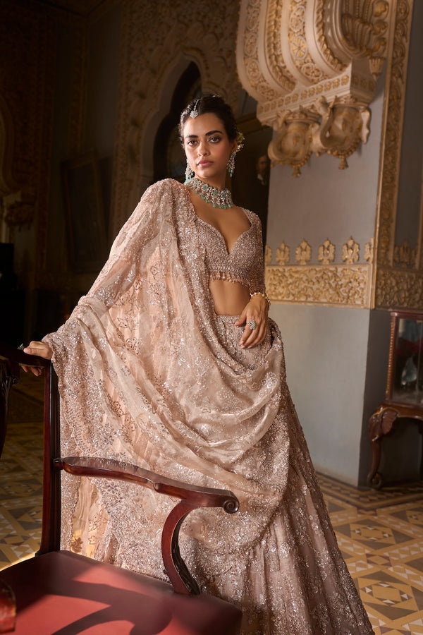 Champagne Crystal Embellished Bridal Lehenga Set