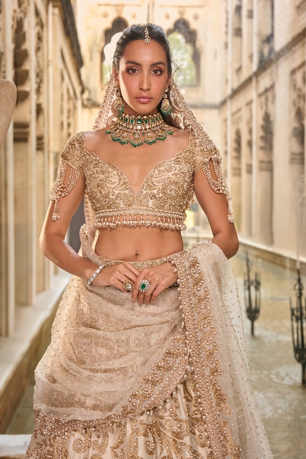 Ivory Gold Embroidered Bridal Lehenga Set