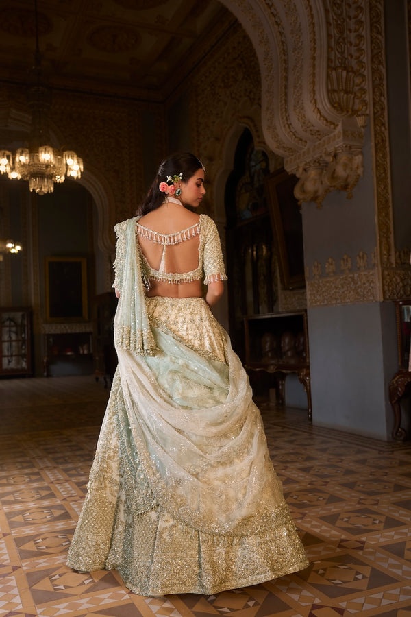 Ivory Gold Hand-Embroidered Bridal Lehenga Set