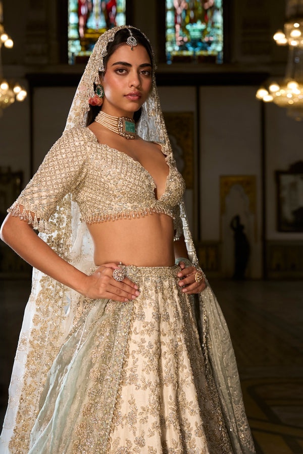 Ivory Gold Hand-Embroidered Bridal Lehenga Set