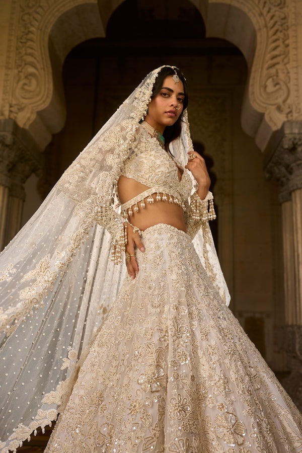Ivory Floral Embroidered Bridal Lehenga Set