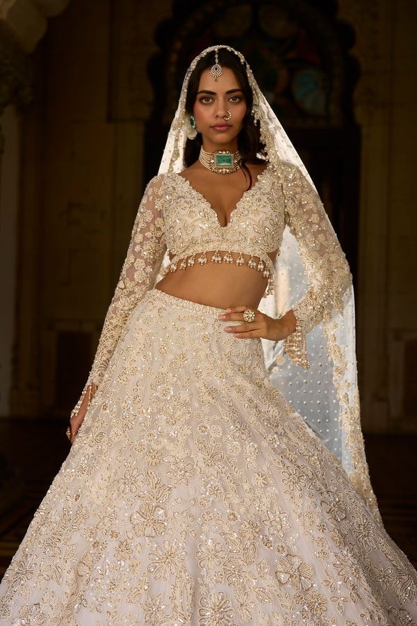 Ivory Floral Embroidered Bridal Lehenga Set