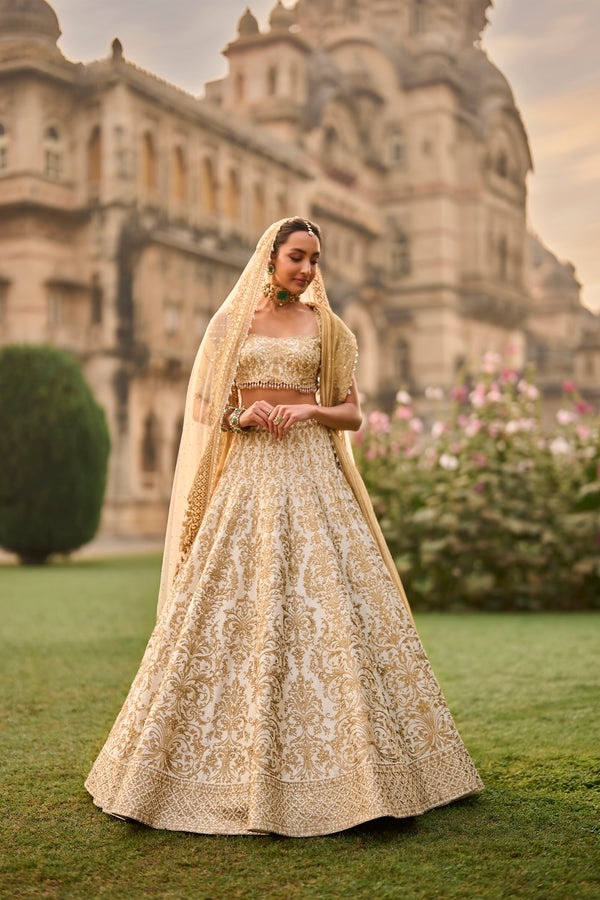 Ivory Gold Brocade Bridal Lehenga Set
