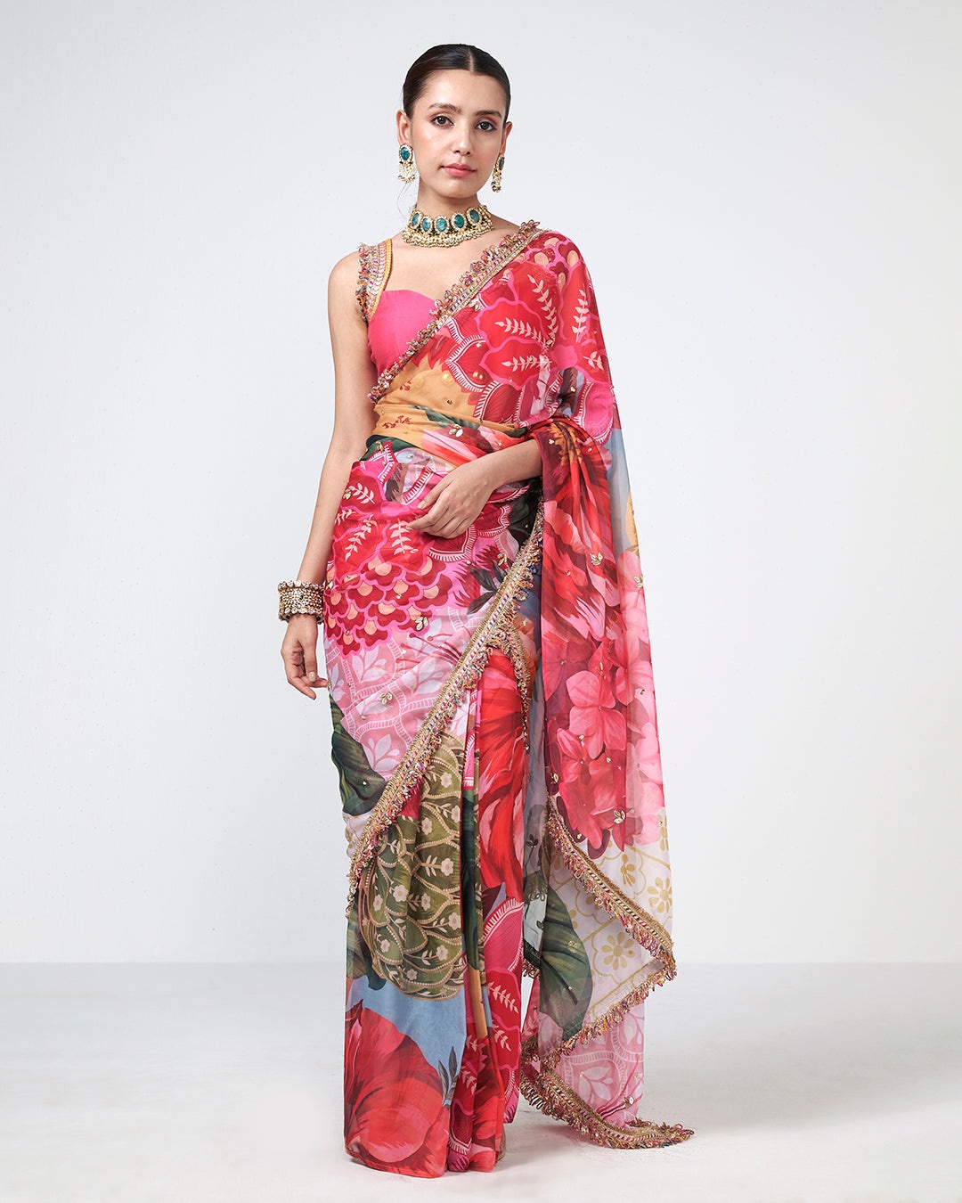 Floral Printed Embellished Organza Sari Set