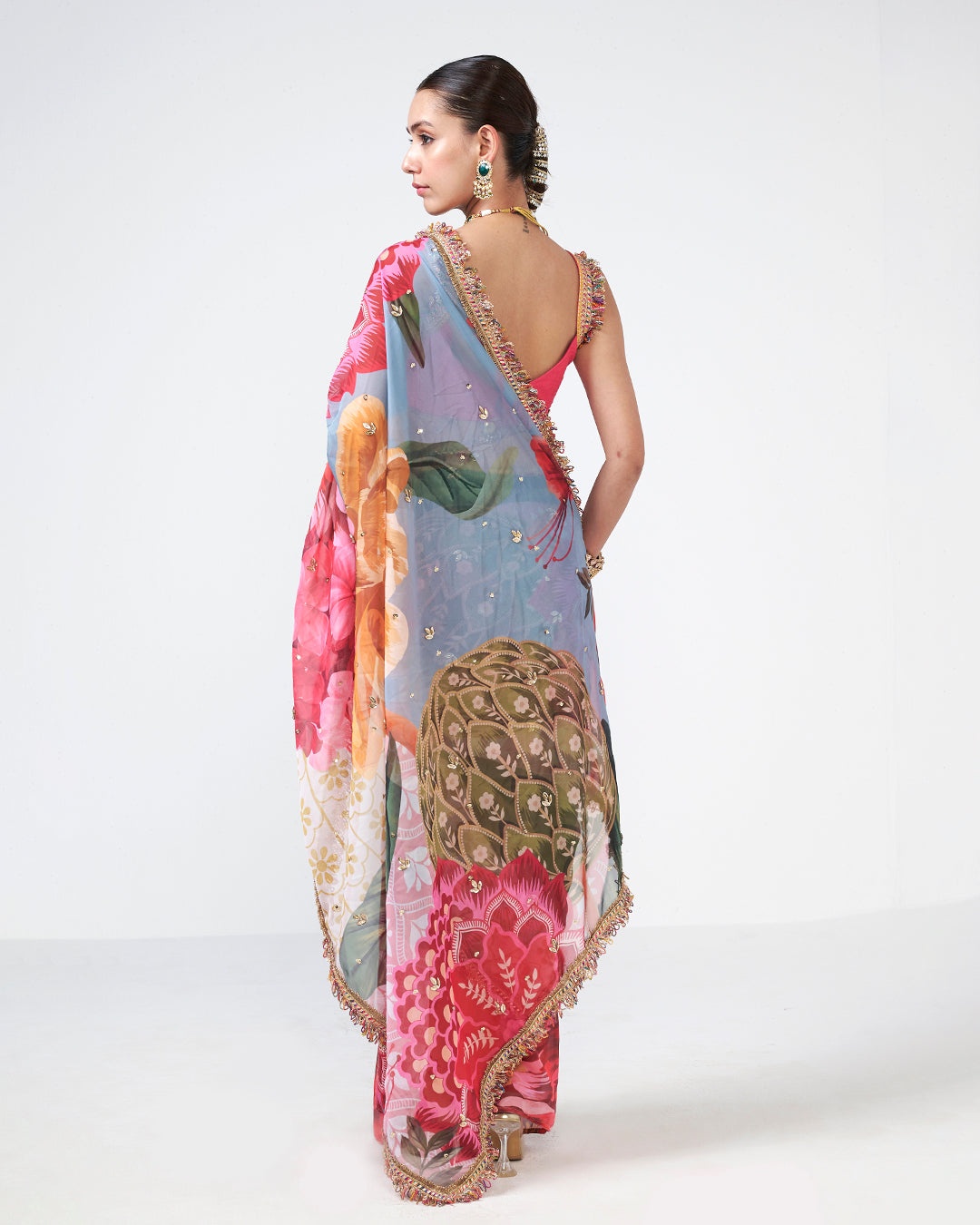 Floral Printed Embellished Organza Sari Set