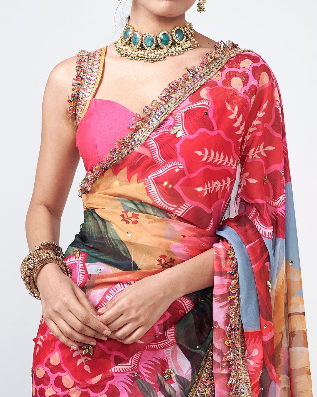 Floral Printed Embellished Organza Sari Set