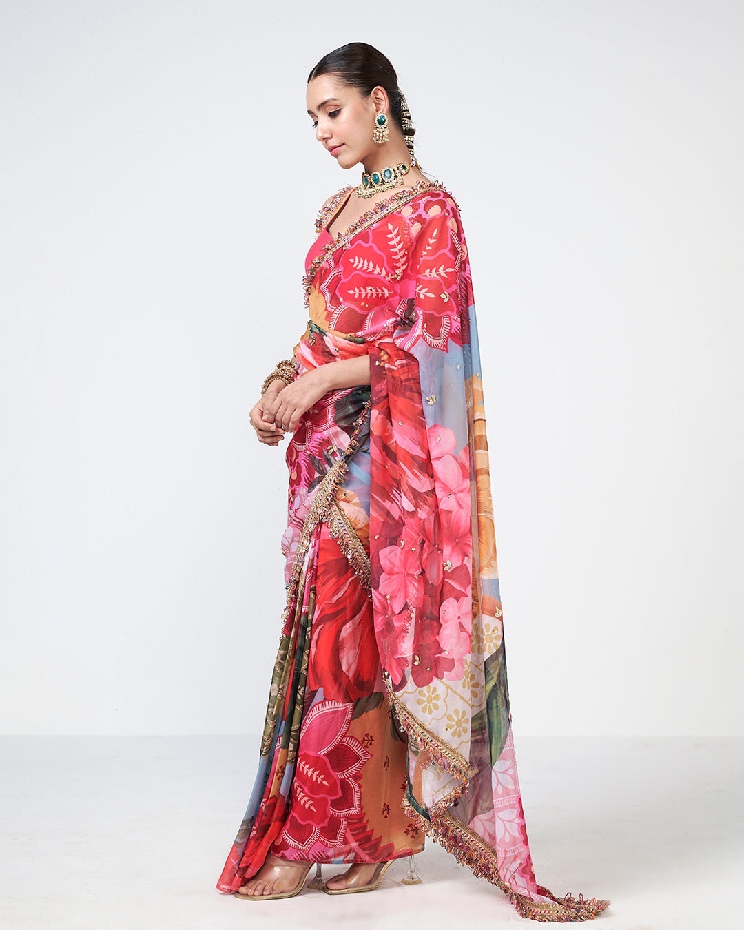 Floral Printed Embellished Organza Sari Set