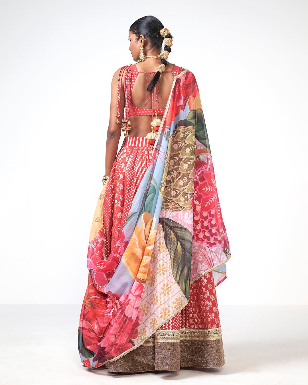 Coral Printed Lehenga Set with Floral Dupatta