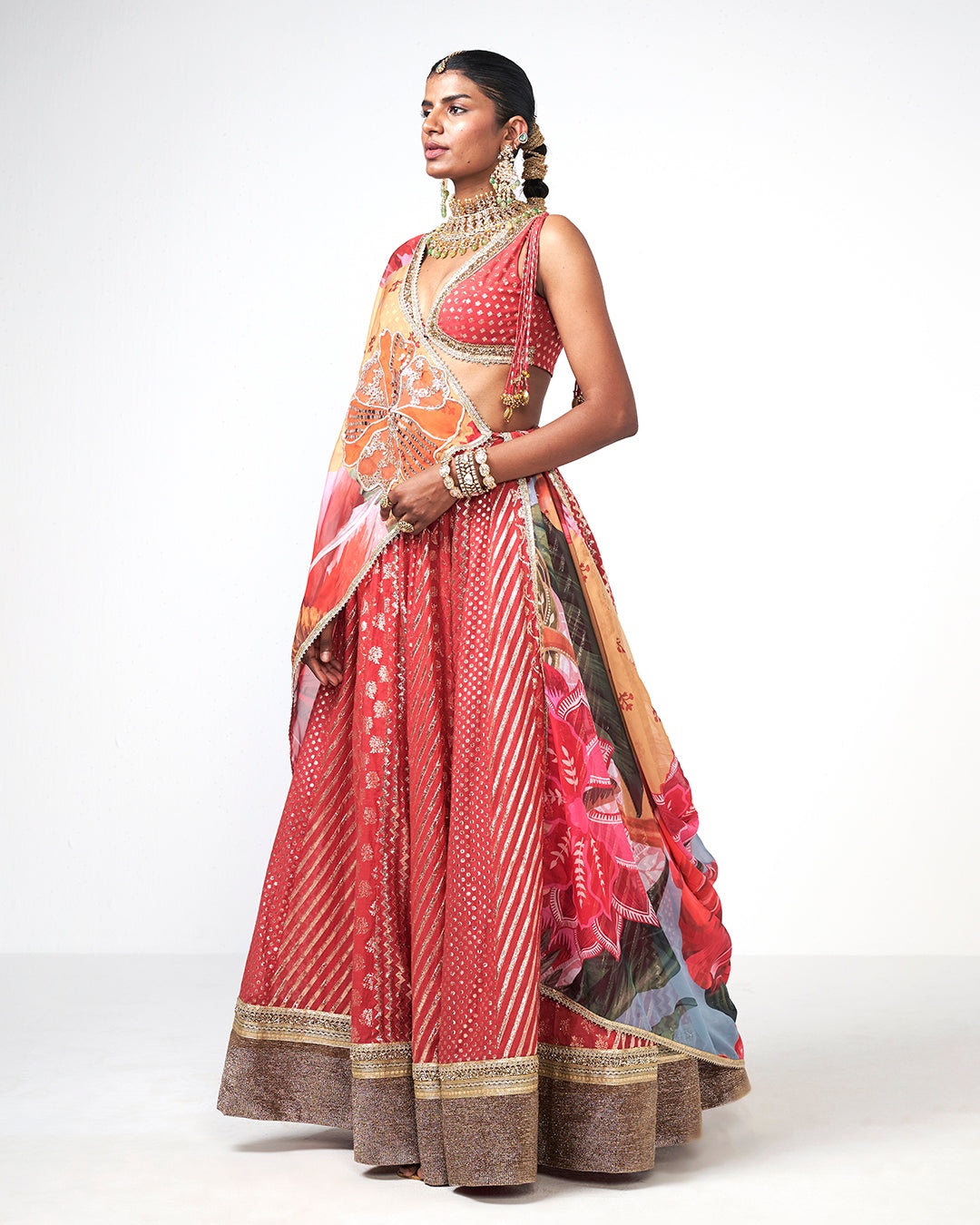 Coral Printed Lehenga Set with Floral Dupatta
