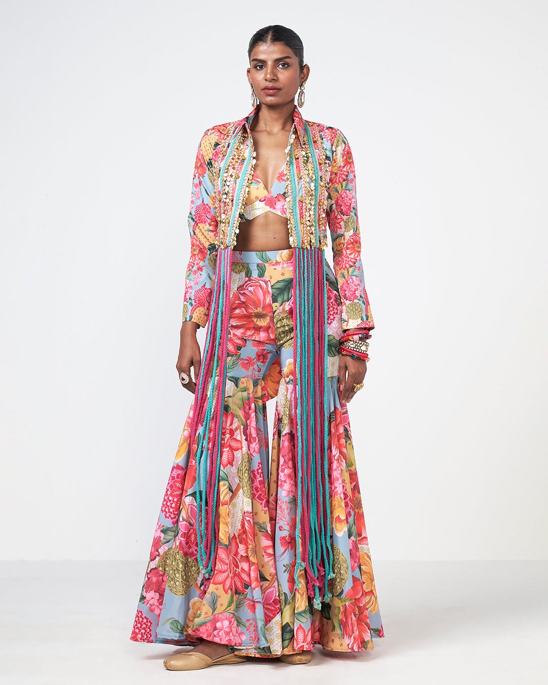 Tropical Floral Printed Lehenga Set with Embellished Jacket