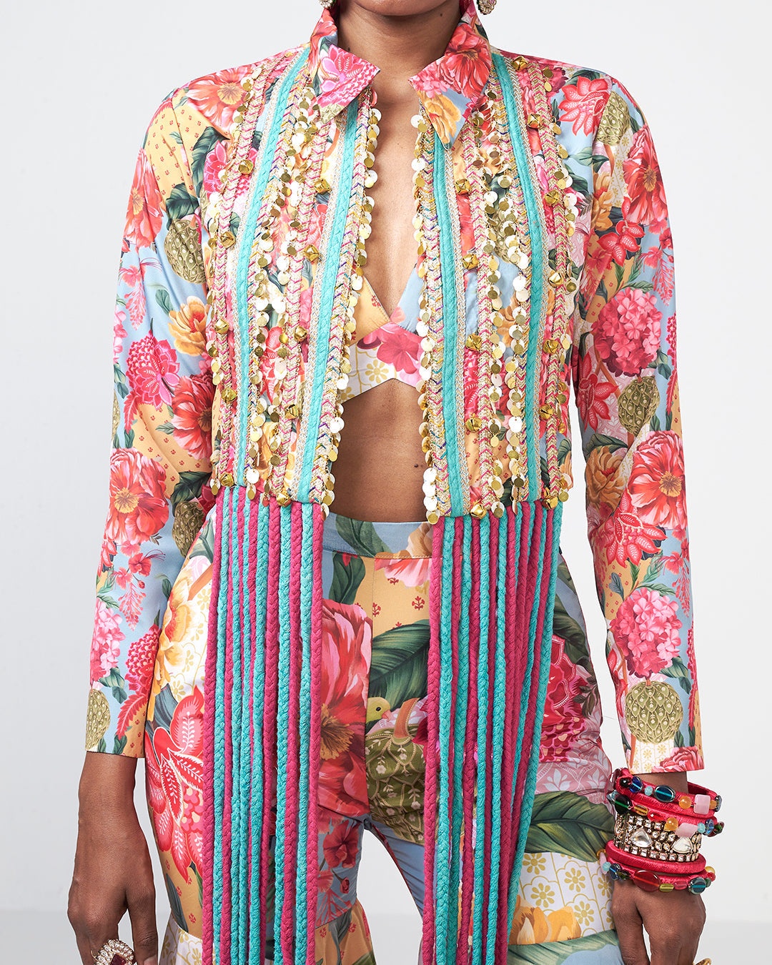 Tropical Floral Printed Lehenga Set with Embellished Jacket