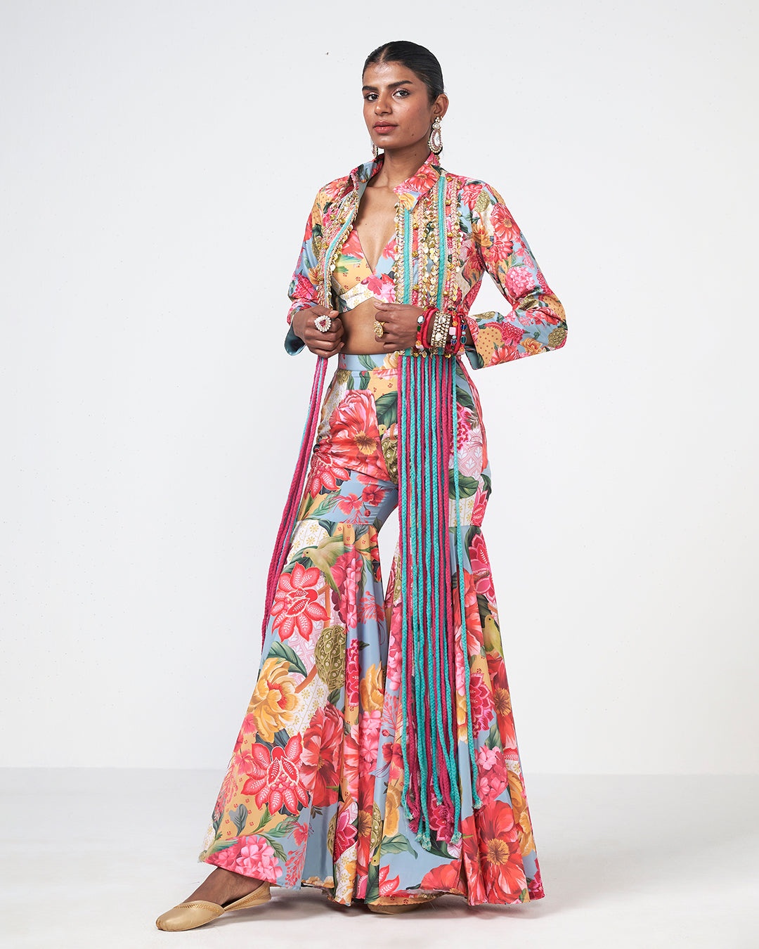 Tropical Floral Printed Lehenga Set with Embellished Jacket