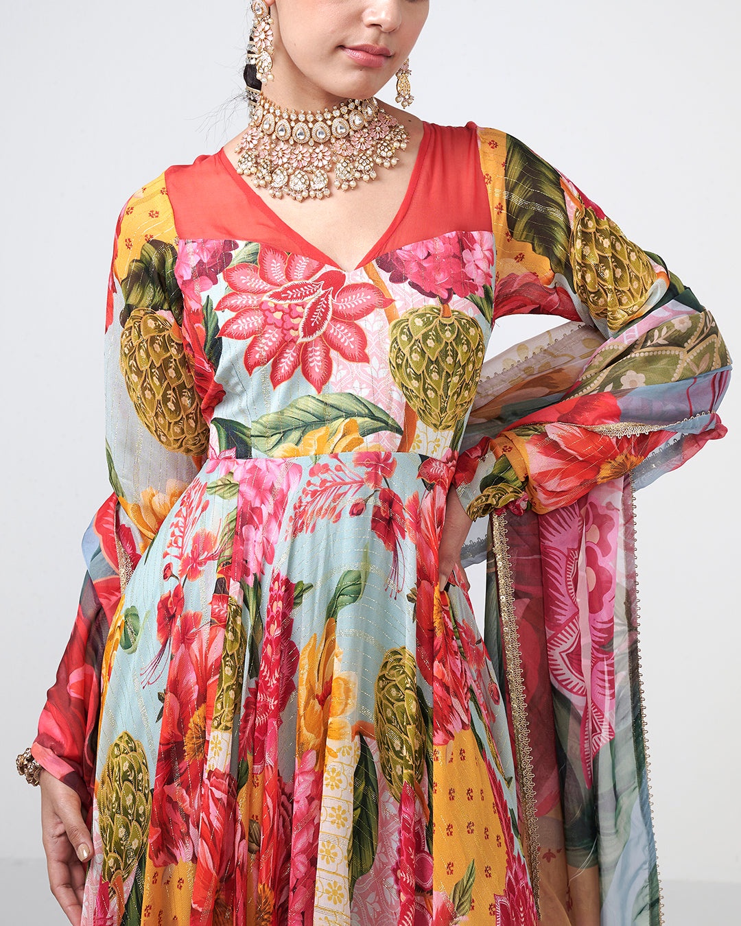 Tropical Floral Printed Anarkali Set
