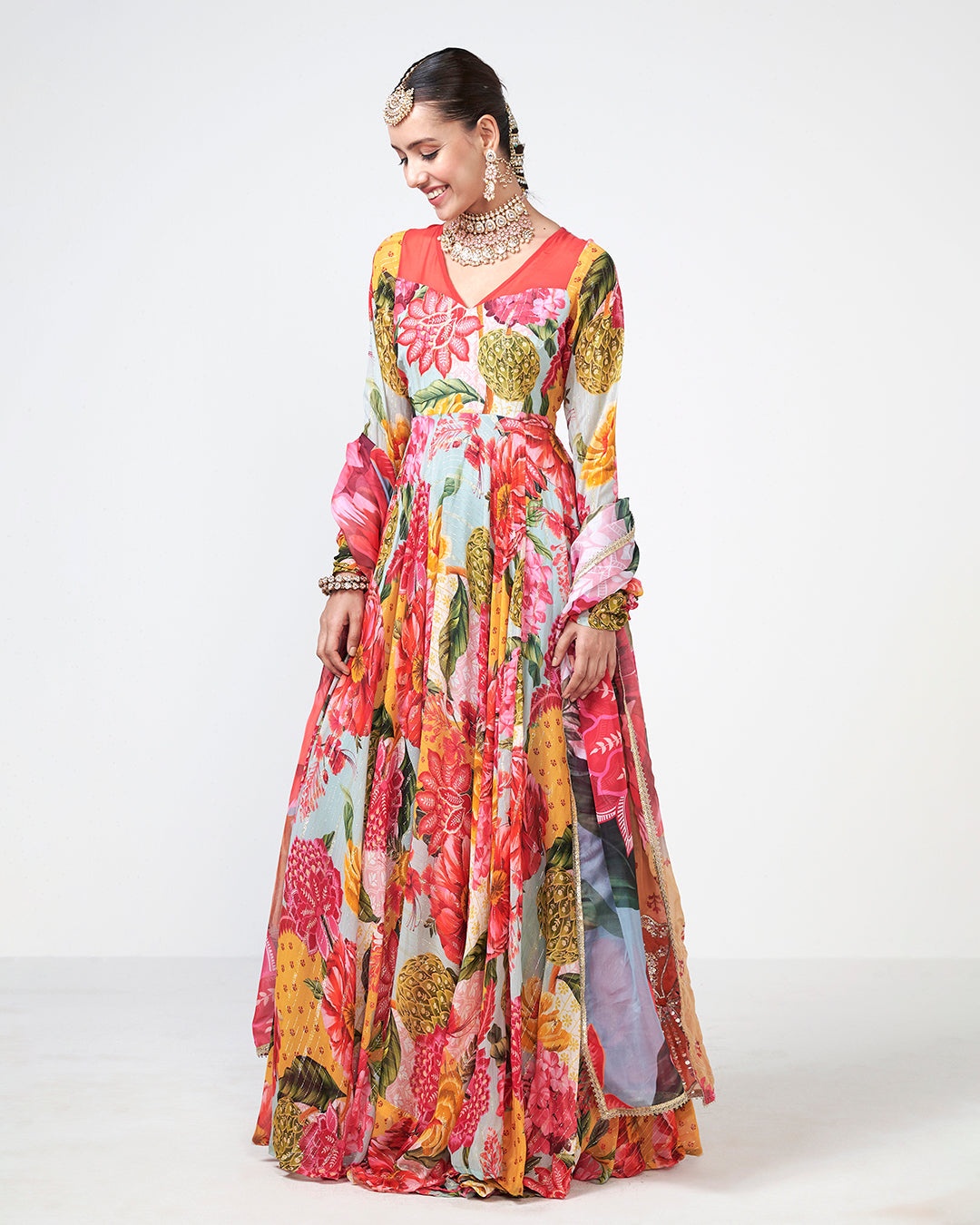 Tropical Floral Printed Anarkali Set
