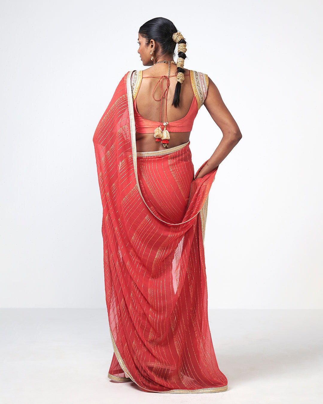 Coral Gold Striped Sari Set