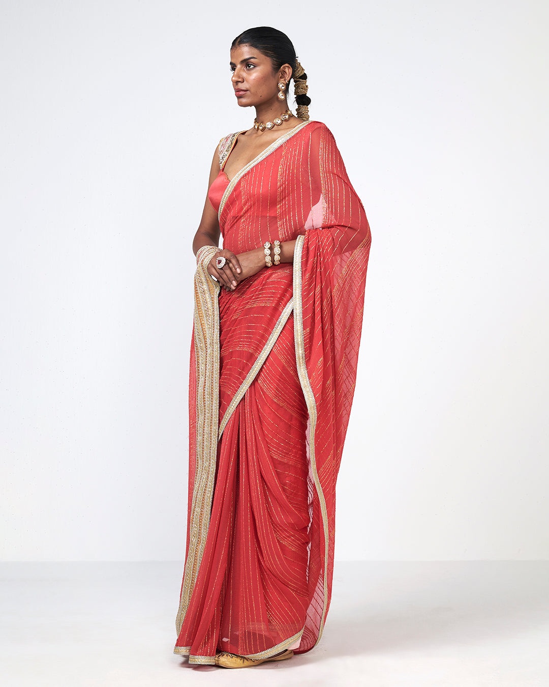 Coral Gold Striped Sari Set