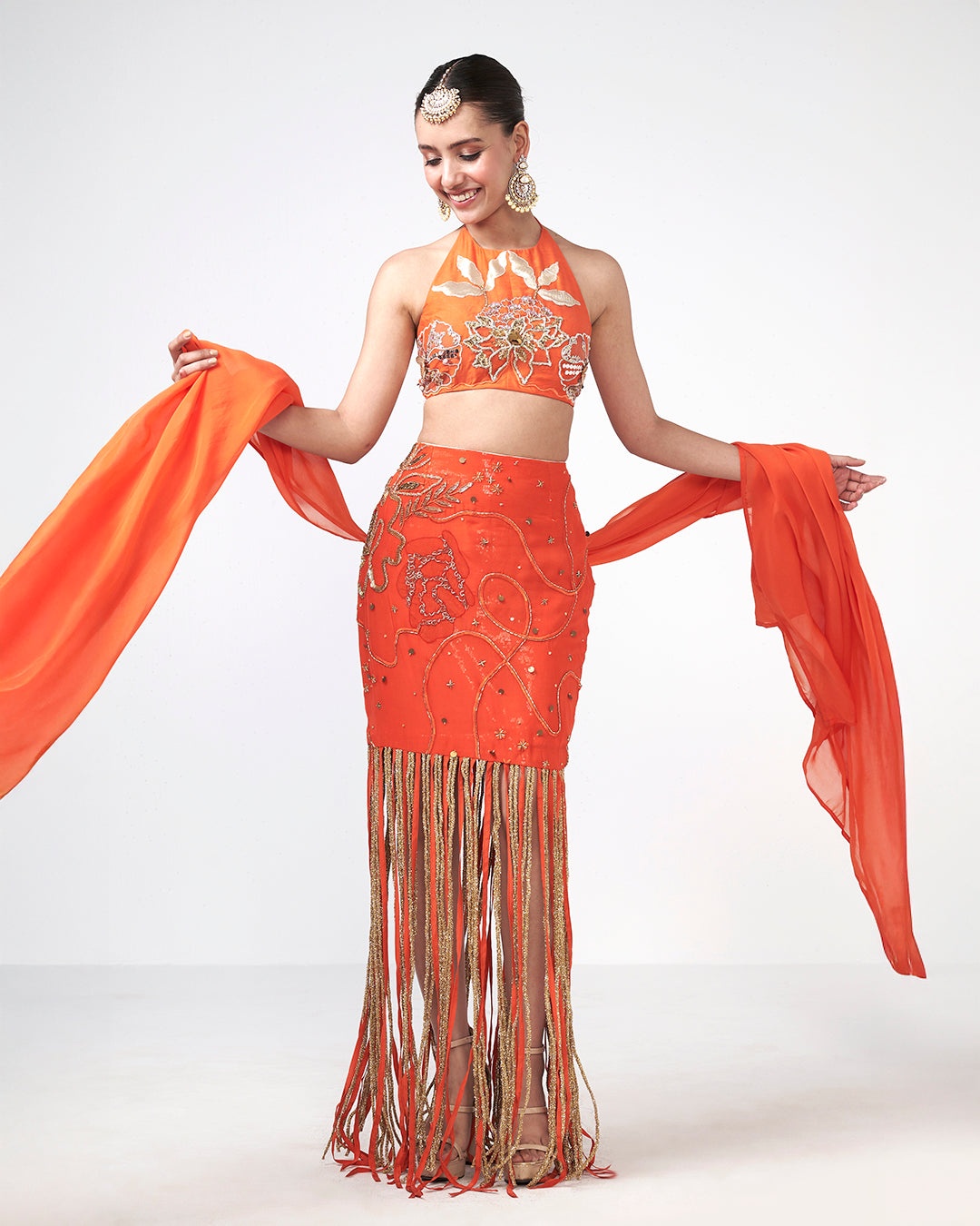 Coral Fringe Embellished Statement Set