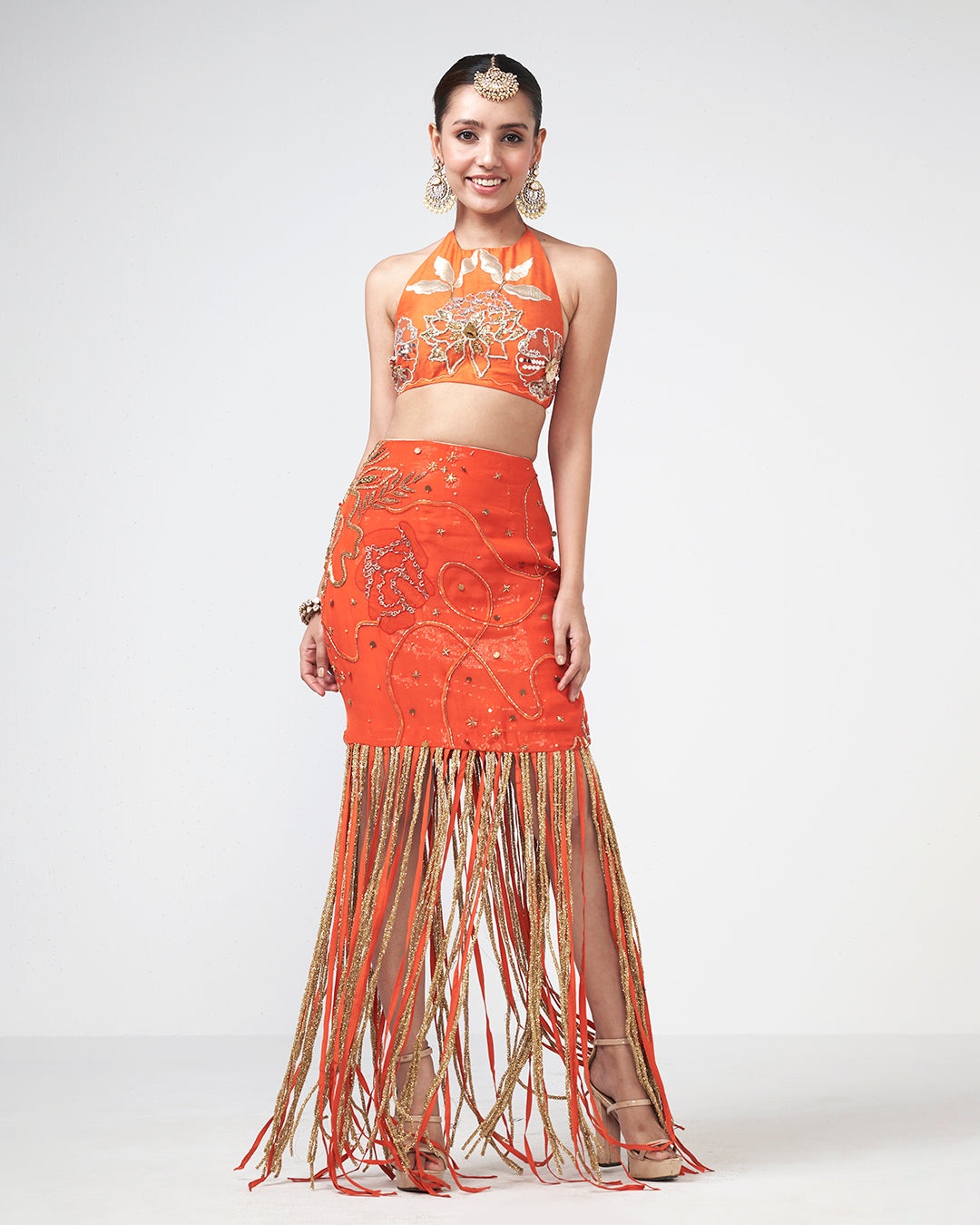 Coral Fringe Embellished Statement Set