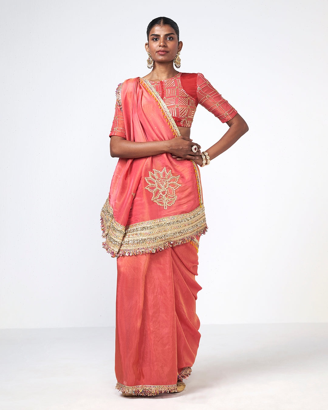 Coral Embroidered Draped Sari Set