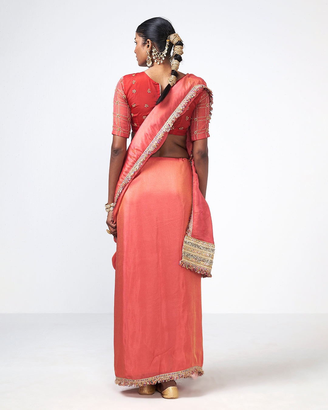 Coral Embroidered Draped Sari Set