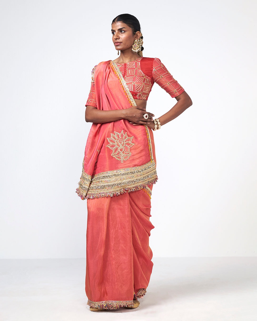 Coral Embroidered Draped Sari Set