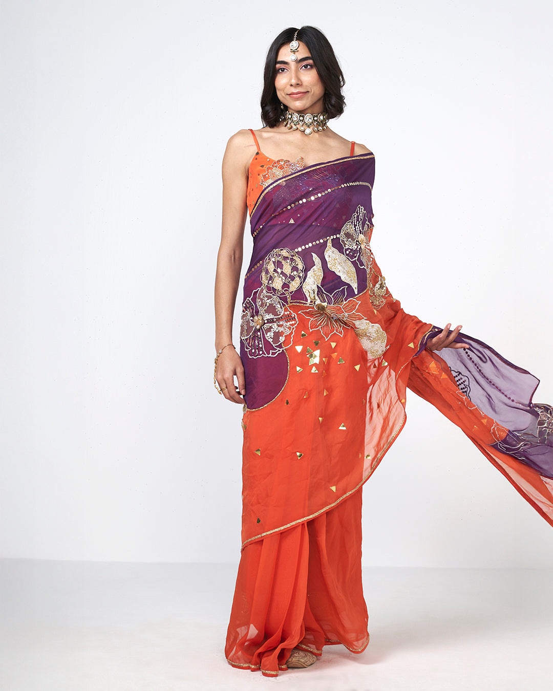 Coral and Plum Embroidered Organza Sari