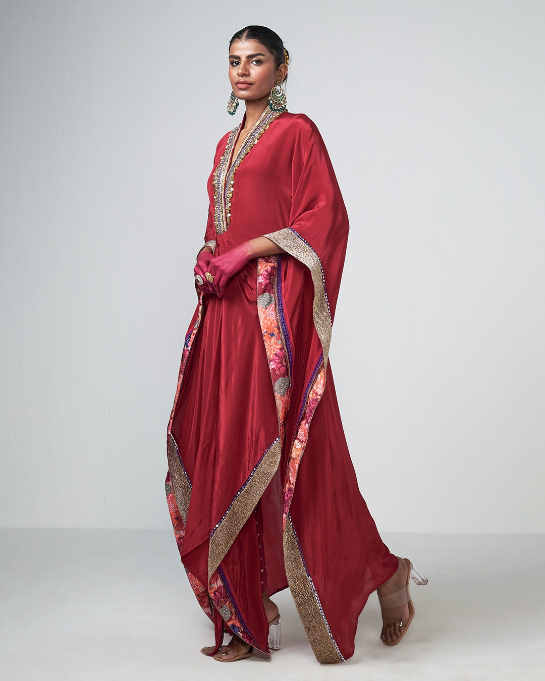 Wine Embellished Draped Kaftan