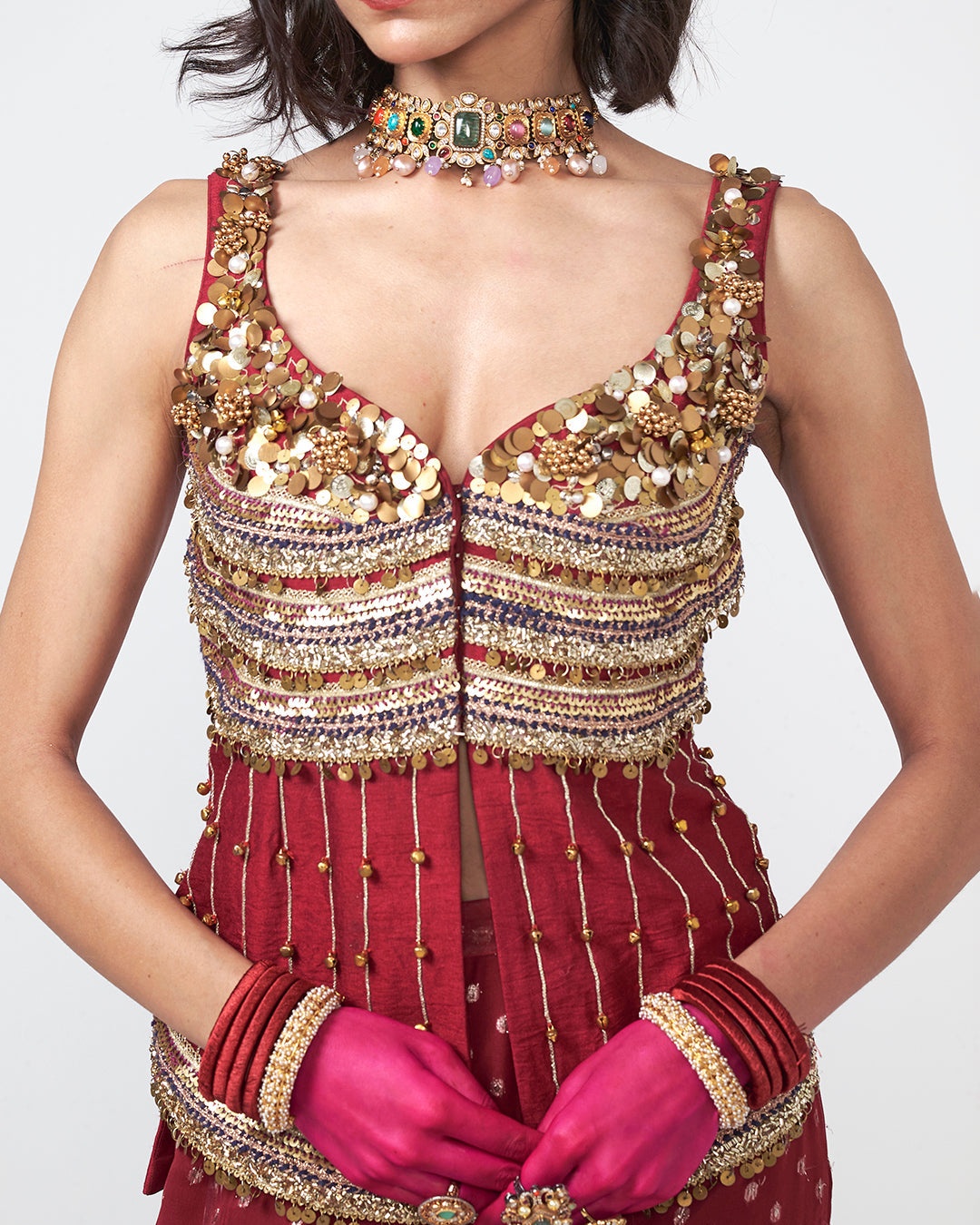 Wine Embellished Sharara Set
