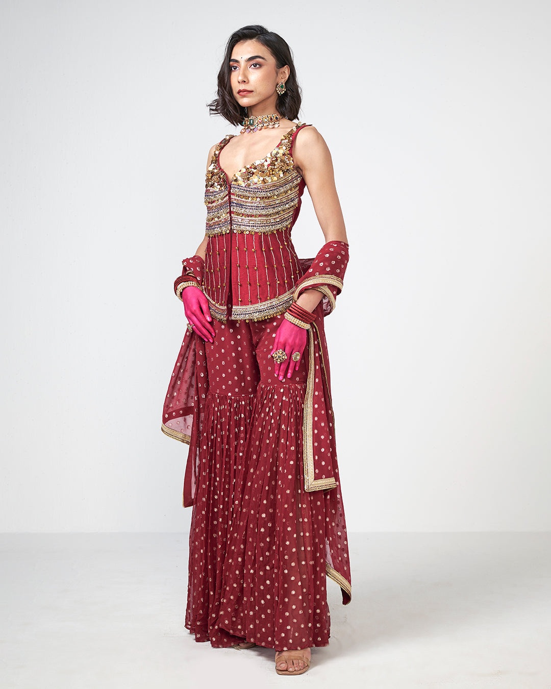 Wine Embellished Sharara Set