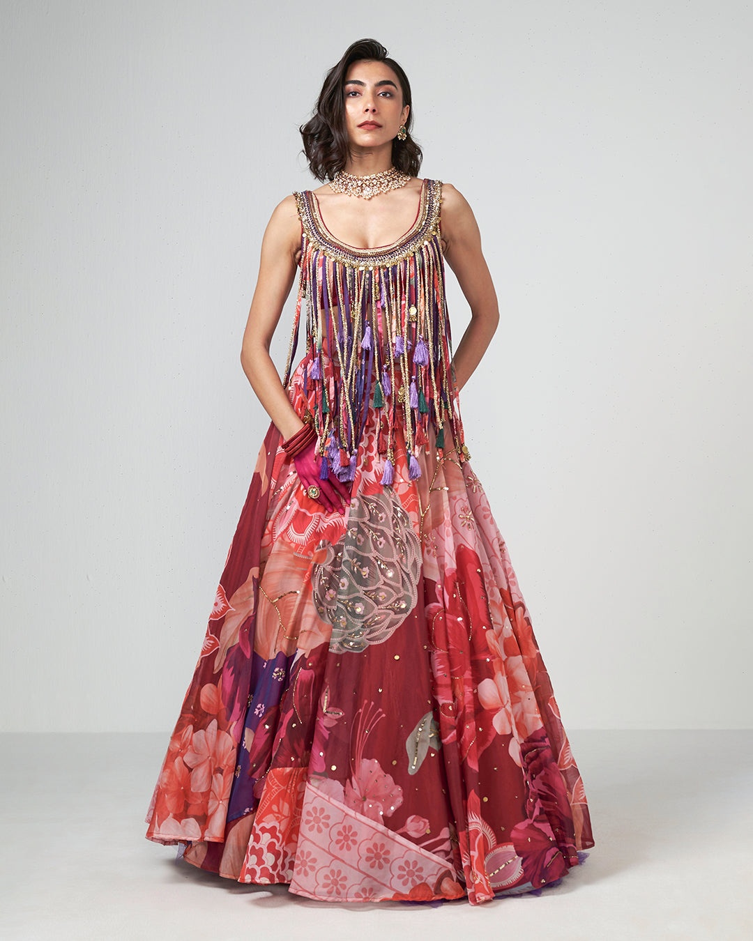 Berry Floral Tassel Lehenga Set