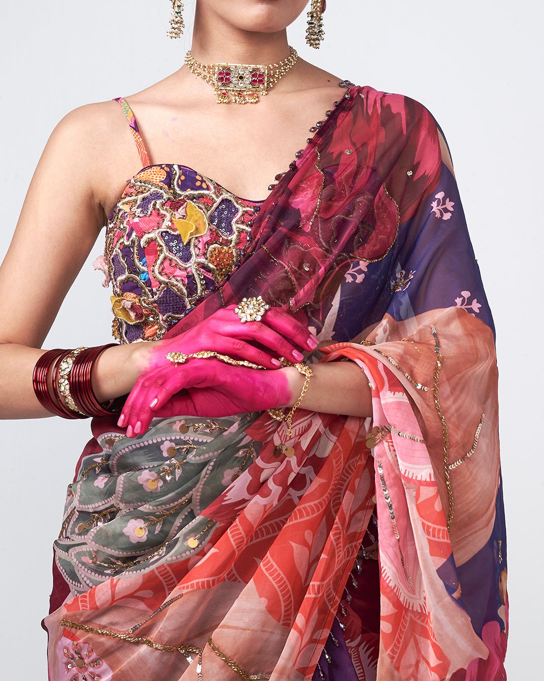  Embellished Purple Sari with Printed Draped Pallu