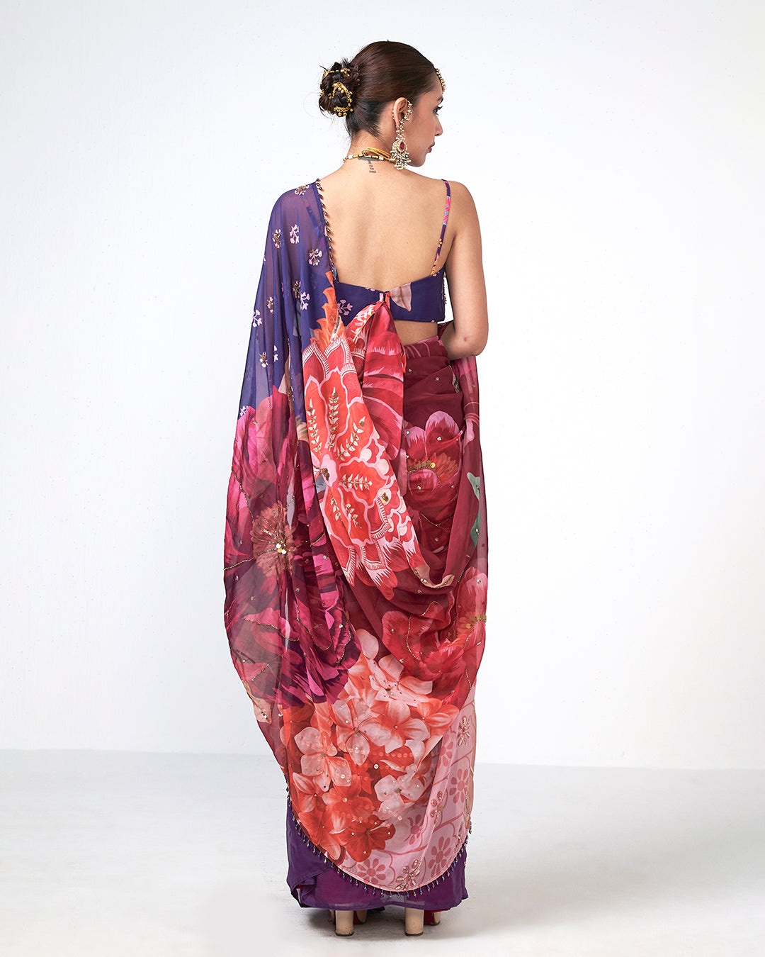  Embellished Purple Sari with Printed Draped Pallu