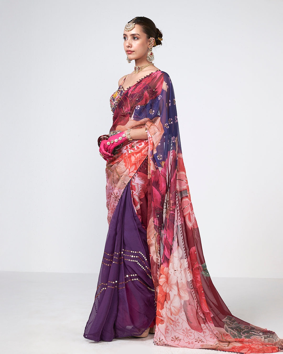  Embellished Purple Sari with Printed Draped Pallu