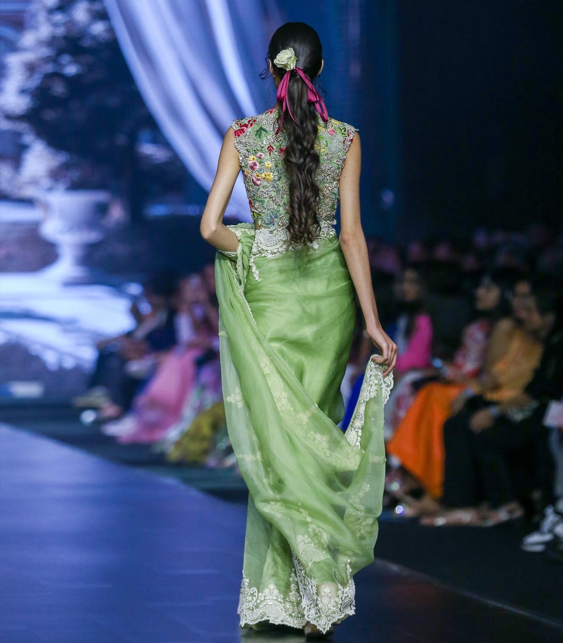 Sage Green Embroidered Sari with Floral Statement Blouse