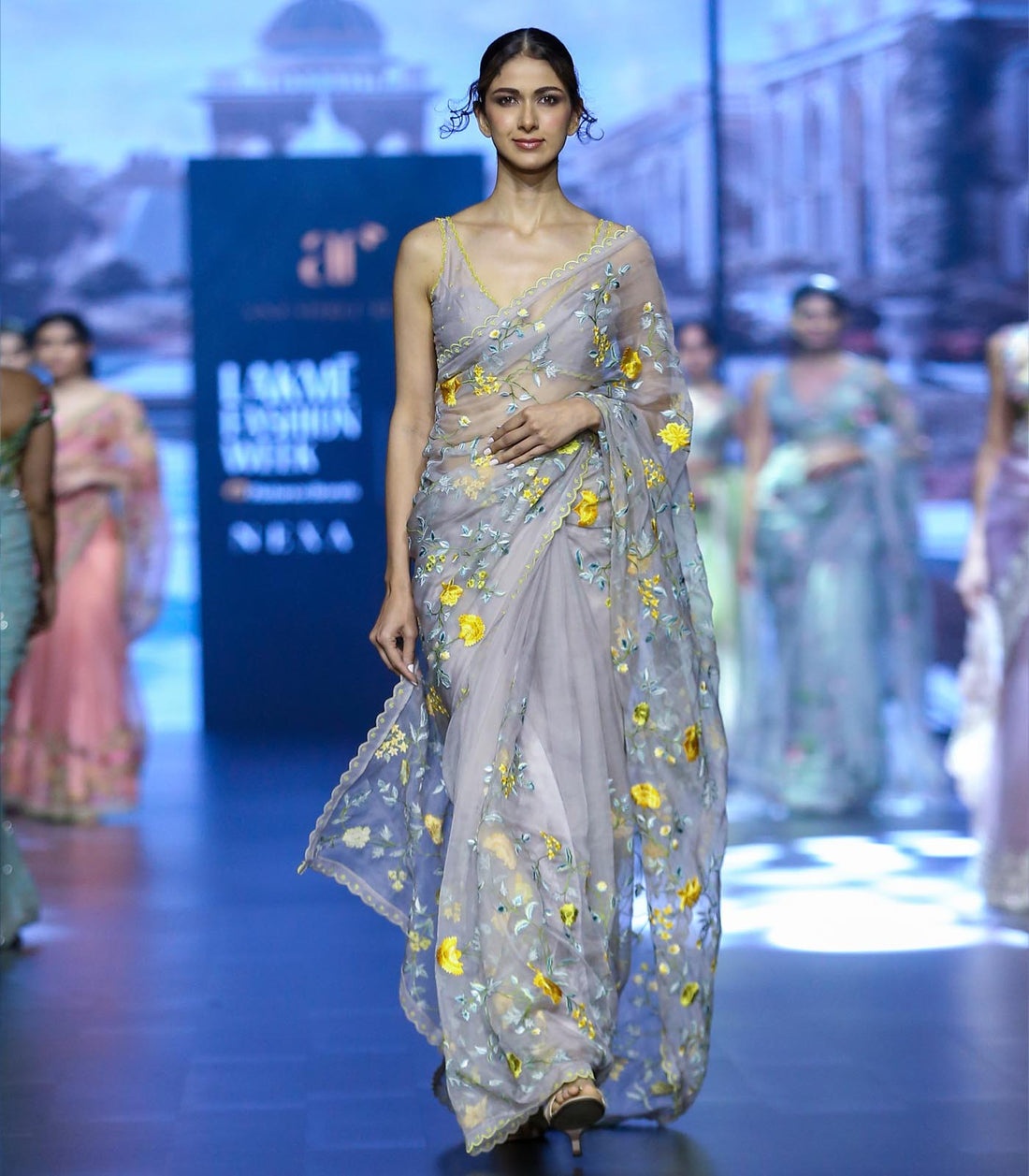 Lavender Floral Embroidered Organza Sari