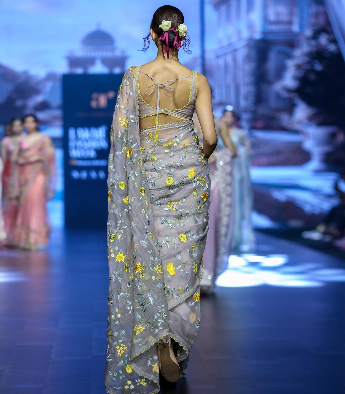 Lavender Floral Embroidered Organza Sari