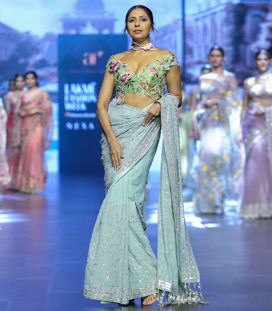 Mint Floral Embroidered Designer Sari
