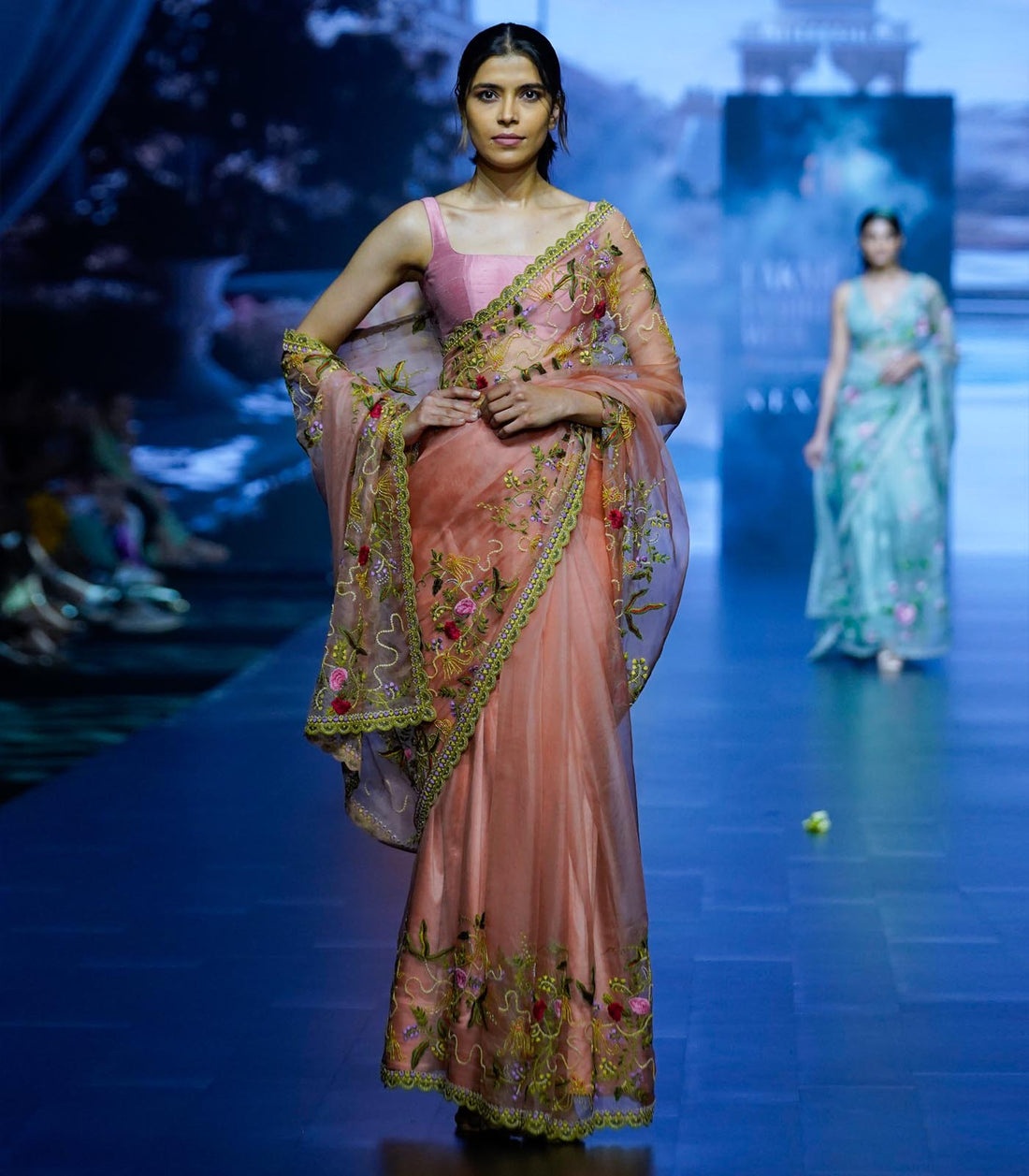 Blush Pink Floral Embroidered Organza Sari