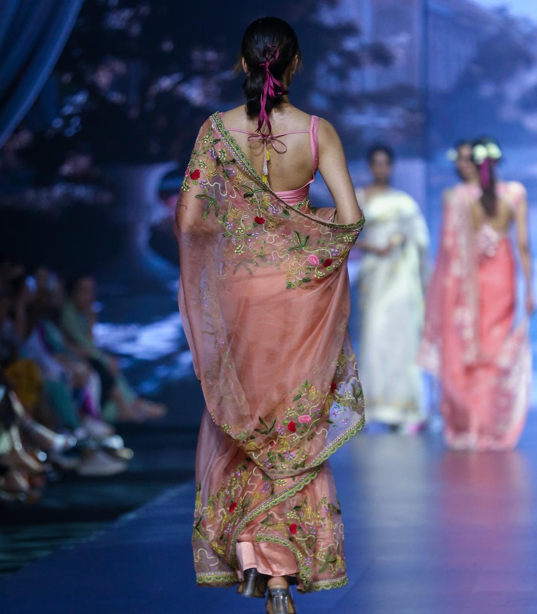Blush Pink Floral Embroidered Organza Sari