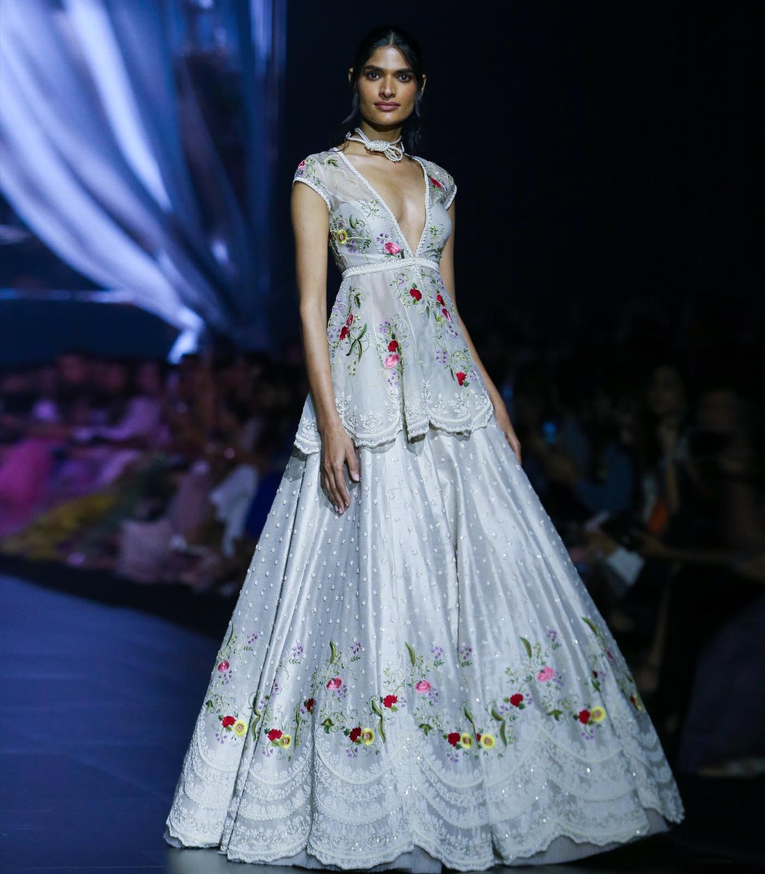 Ivory Floral Embroidered Peplum Lehenga Set
