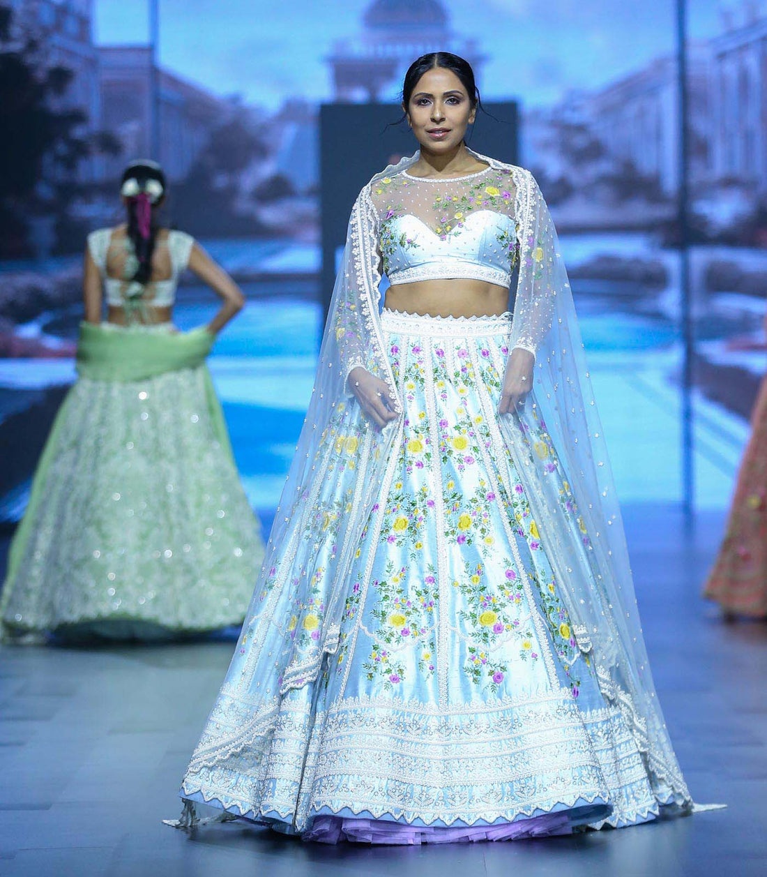 Powder Blue Floral Embroidered Lehenga Set