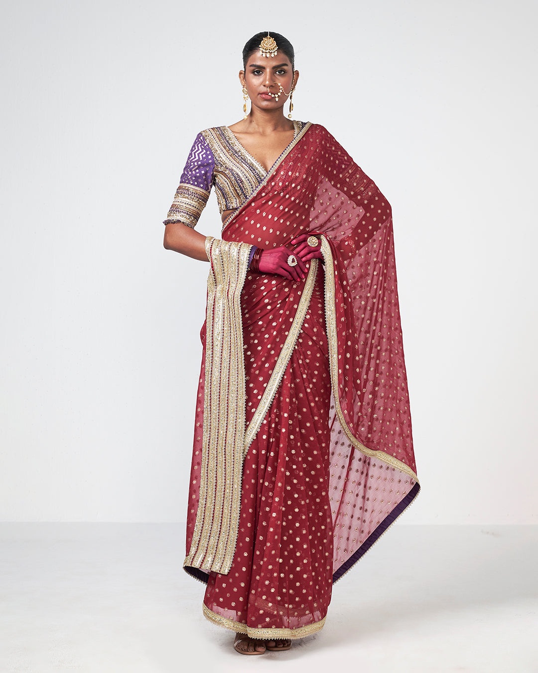 Berry Red Embellished Sari with Contrast Blouse