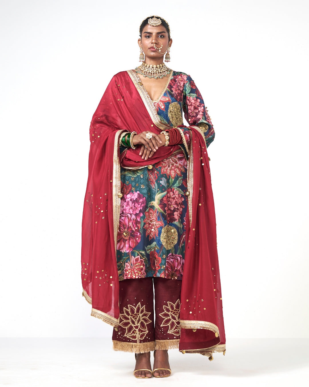 Floral Printed Sharara Set with Crimson Dupatta