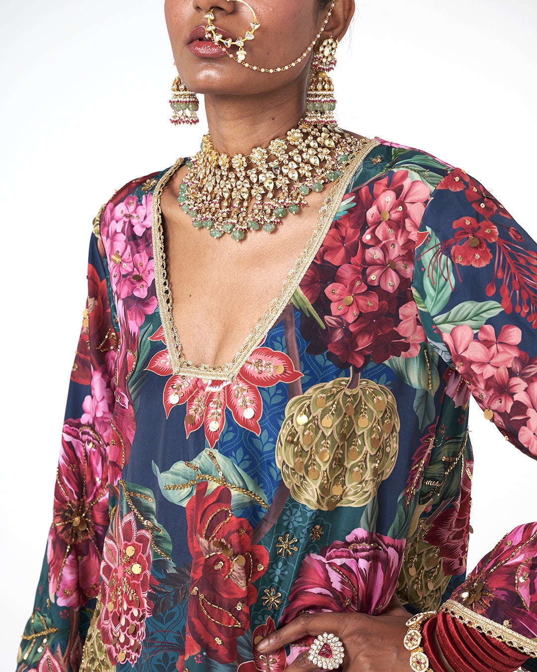 Floral Printed Sharara Set with Crimson Dupatta