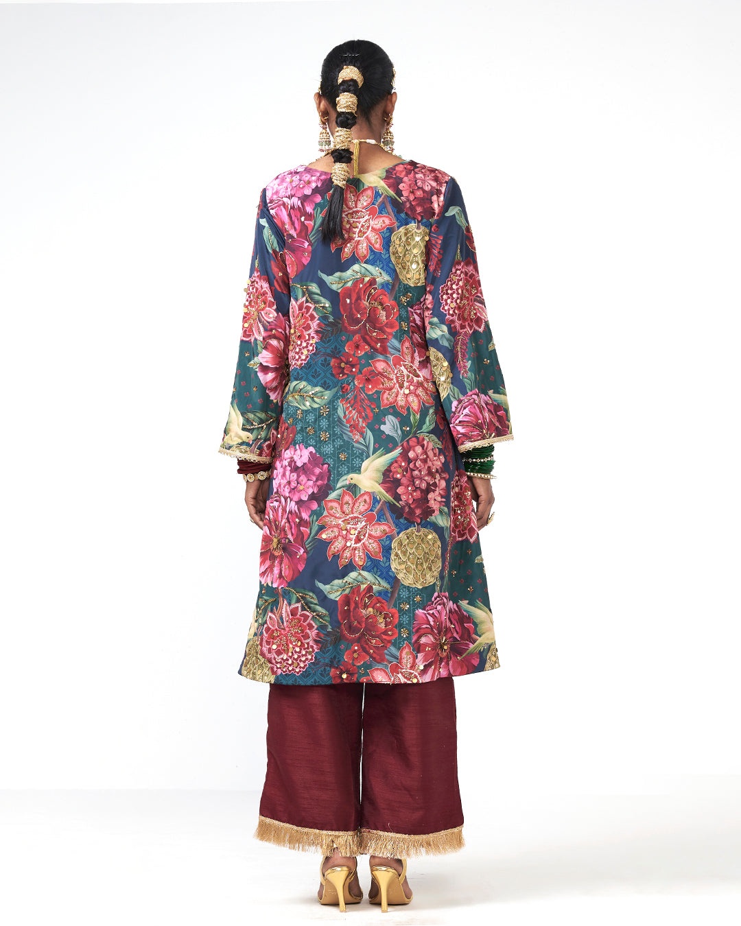 Floral Printed Sharara Set with Crimson Dupatta
