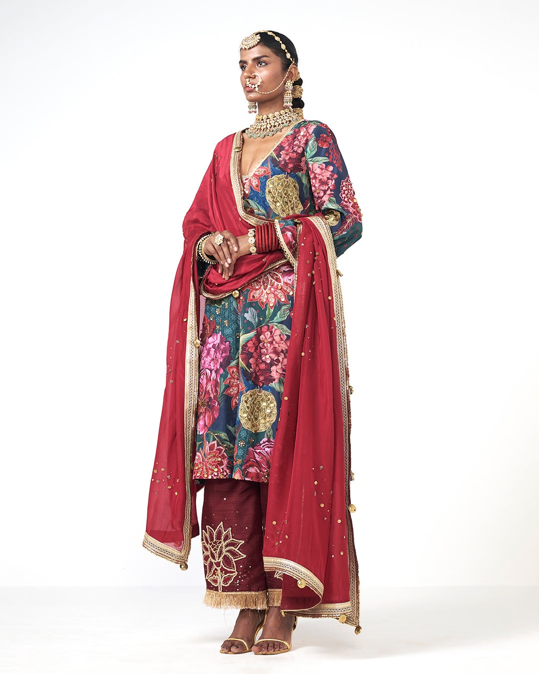Floral Printed Sharara Set with Crimson Dupatta