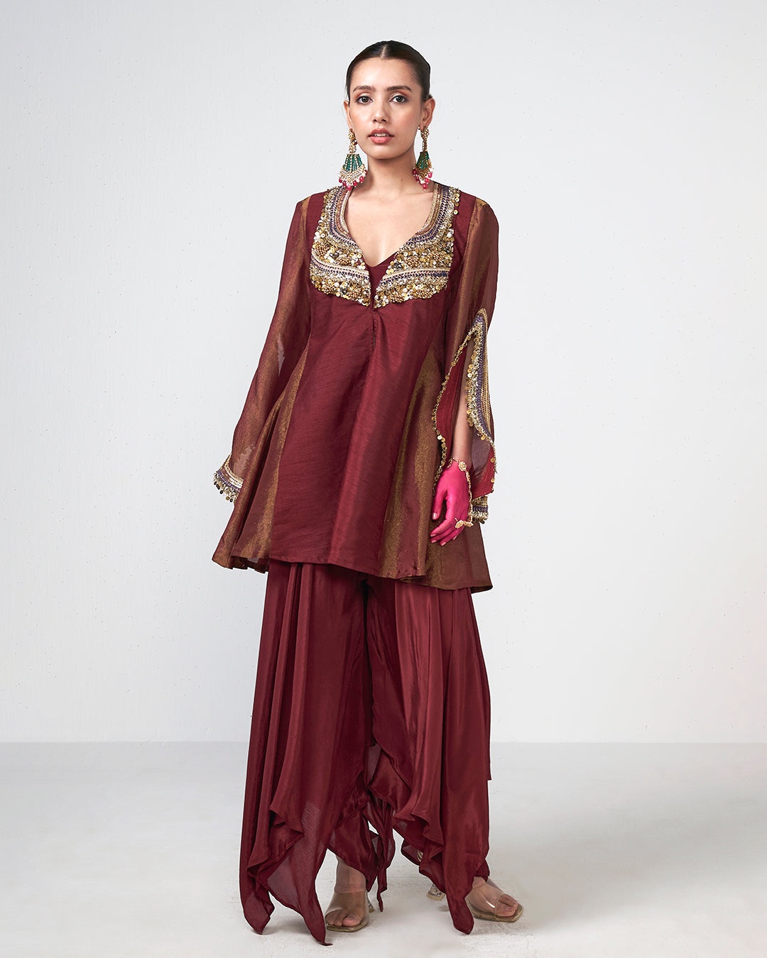 Wine Embellished Sharara Set