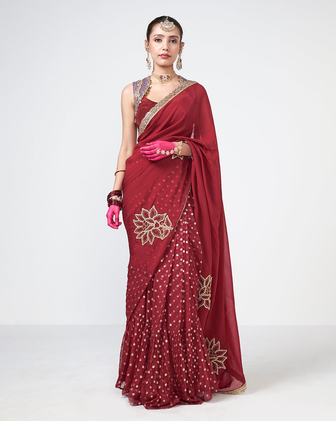 Crimson Embroidered Ruffle Sari