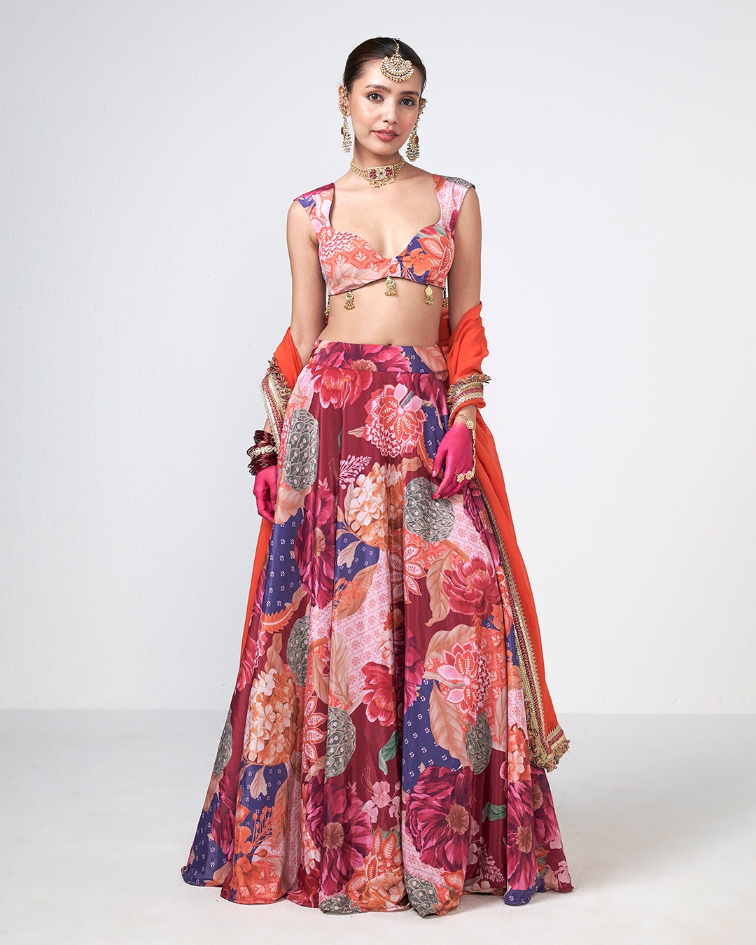 Floral Printed Lehenga Set with Coral Dupatta