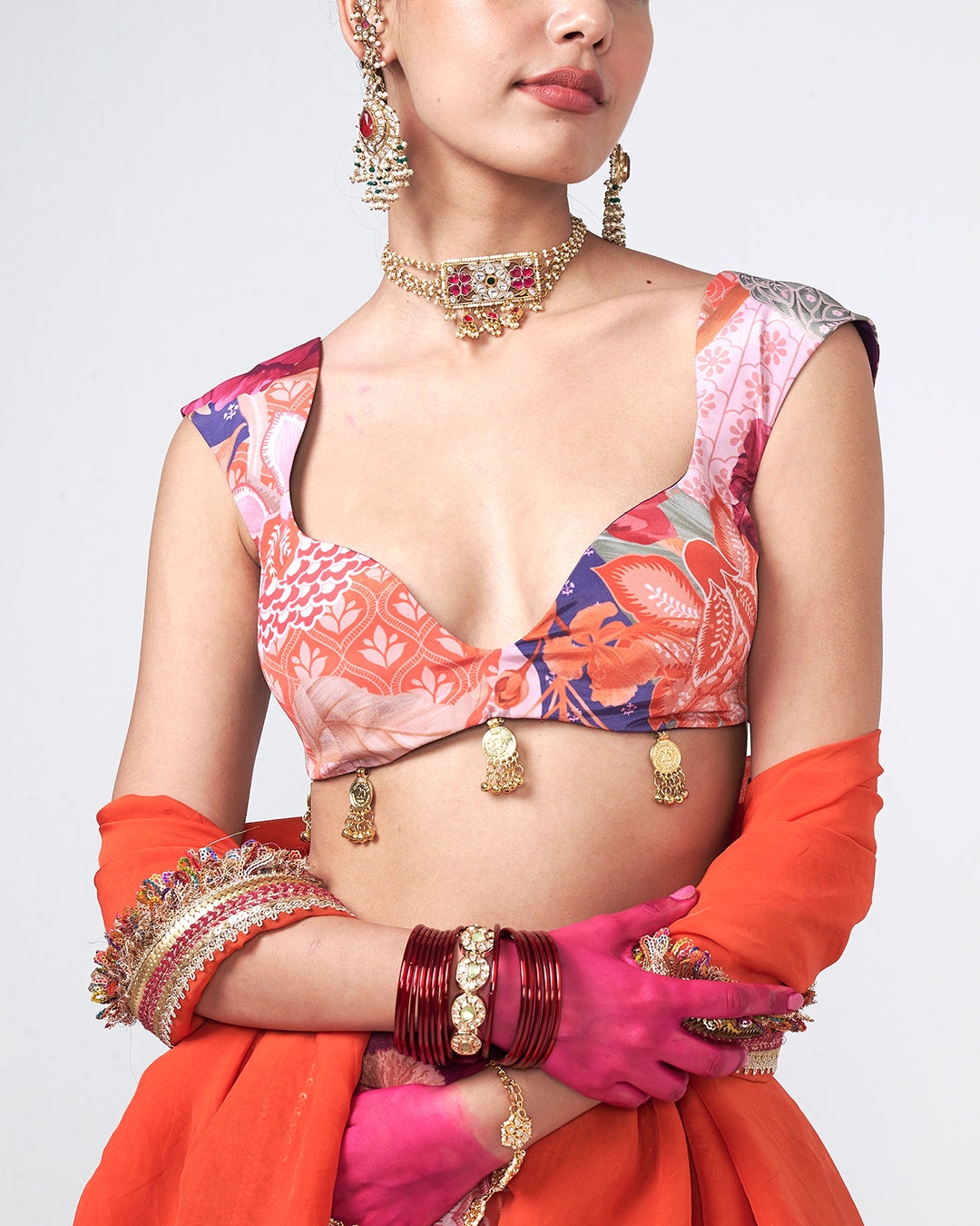 Floral Printed Lehenga Set with Coral Dupatta